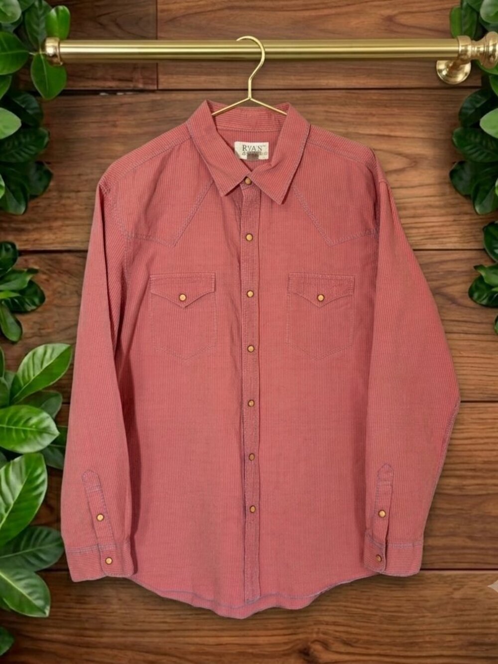 Ryan Michael Men XL Linen Blend Western Shirt Coral Pink Striped LS Pearl Snap